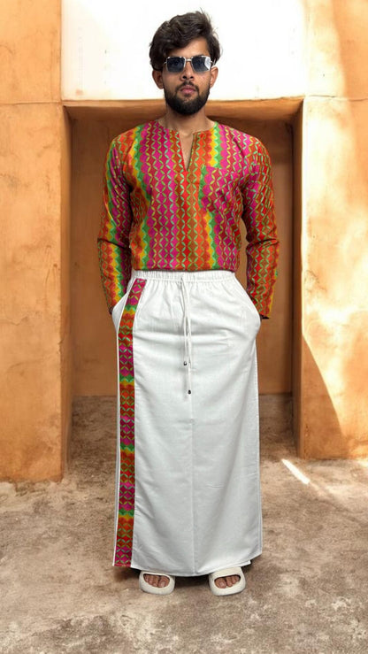 Men Pink–Orange Geometric Print Kurta