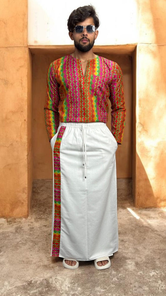 Men Pink–Orange Geometric Print Kurta