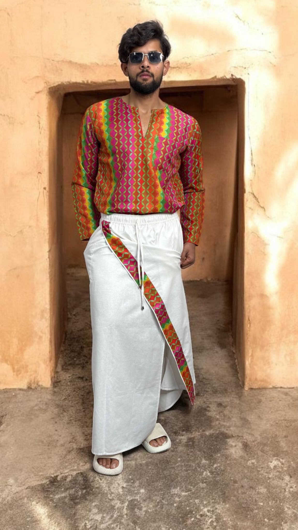 Men Pink–Orange Geometric Print Kurta