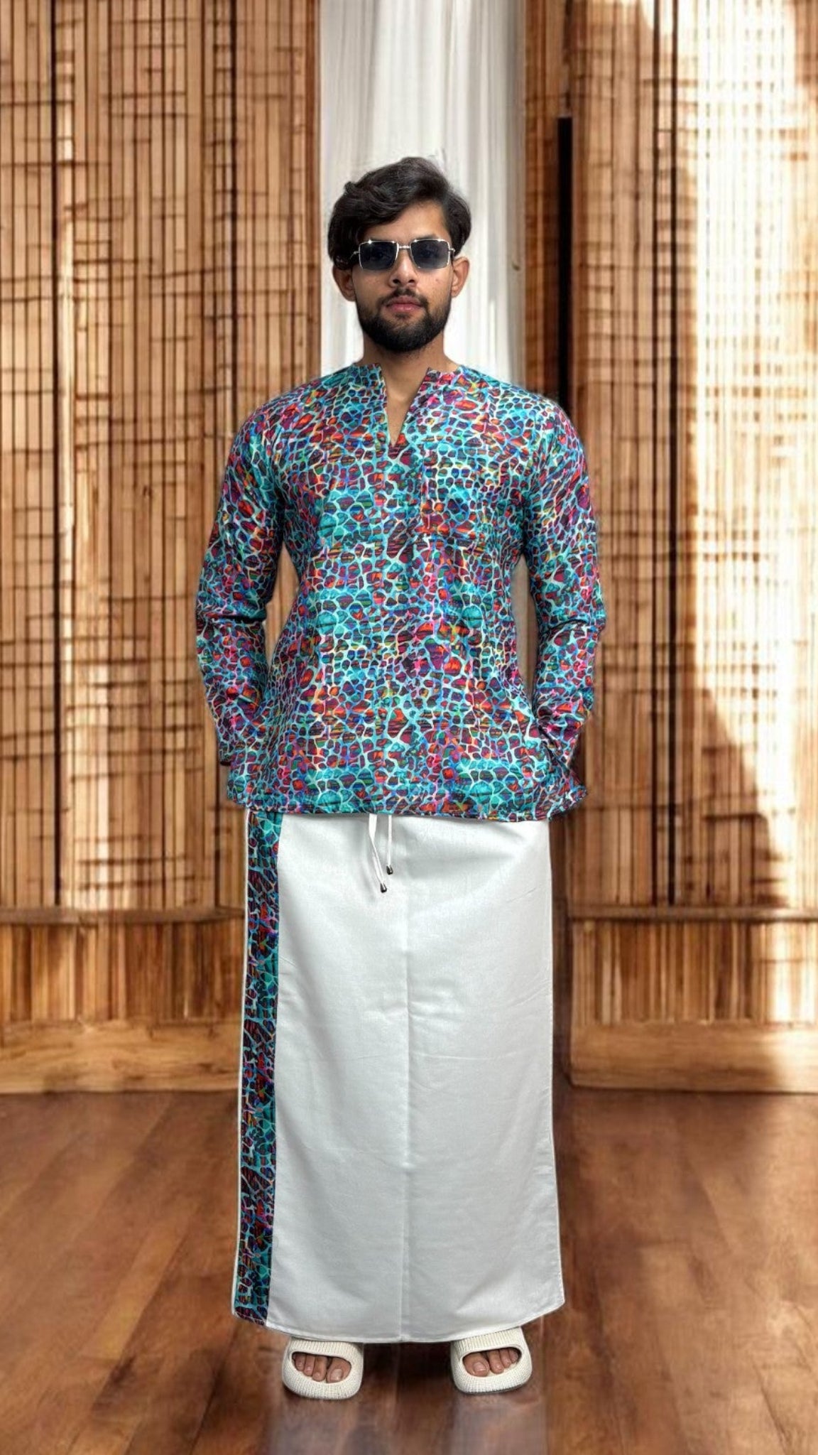Men's White South Indian Pajamalungi with Mosaic Stripe Detail