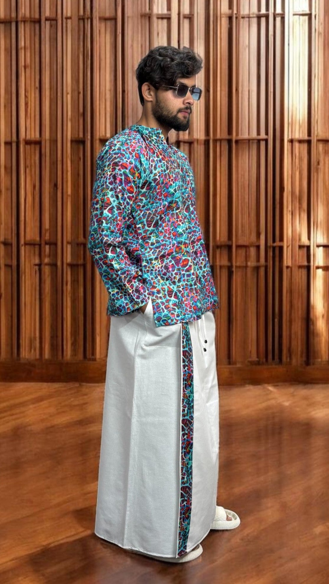 Men's White South Indian Pajamalungi with Mosaic Stripe Detail