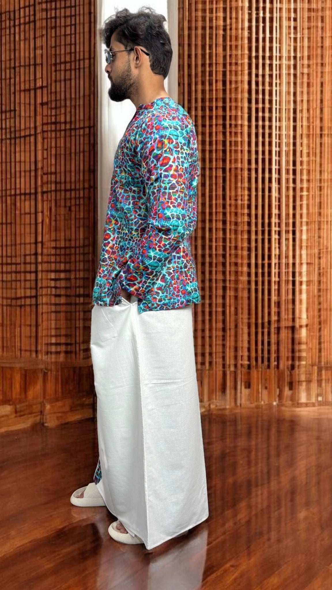 Men's White South Indian Pajamalungi with Mosaic Stripe Detail