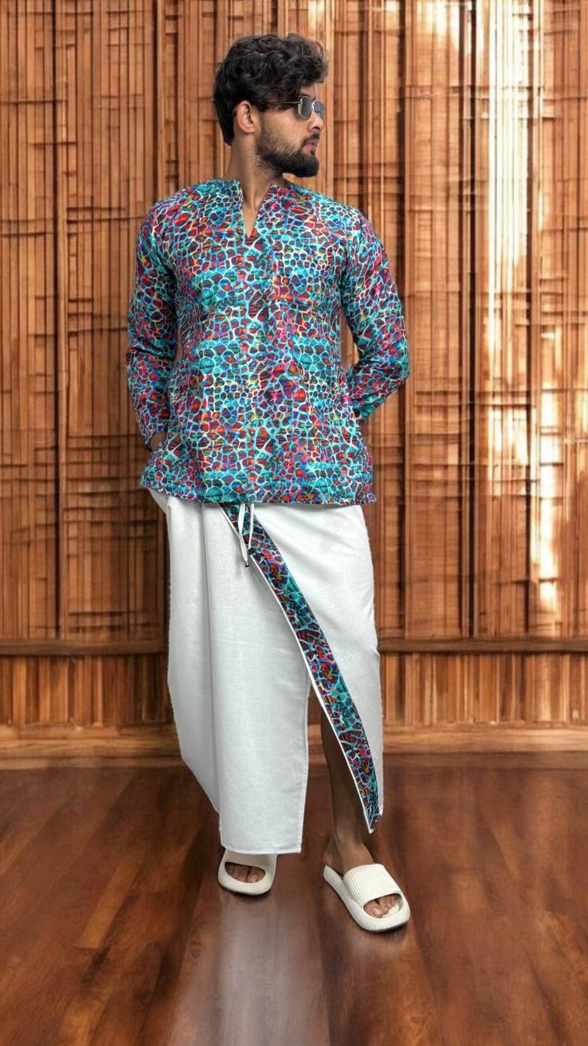 Men's White South Indian Pajamalungi with Mosaic Stripe Detail