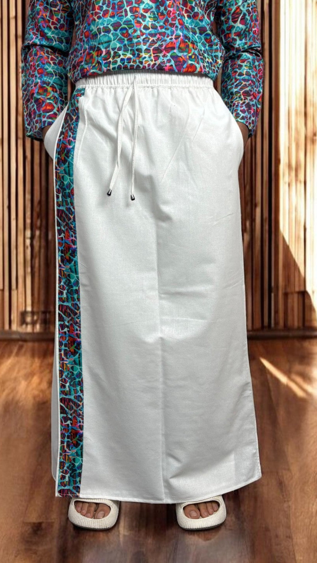 Men's White South Indian Pajamalungi with Mosaic Stripe Detail
