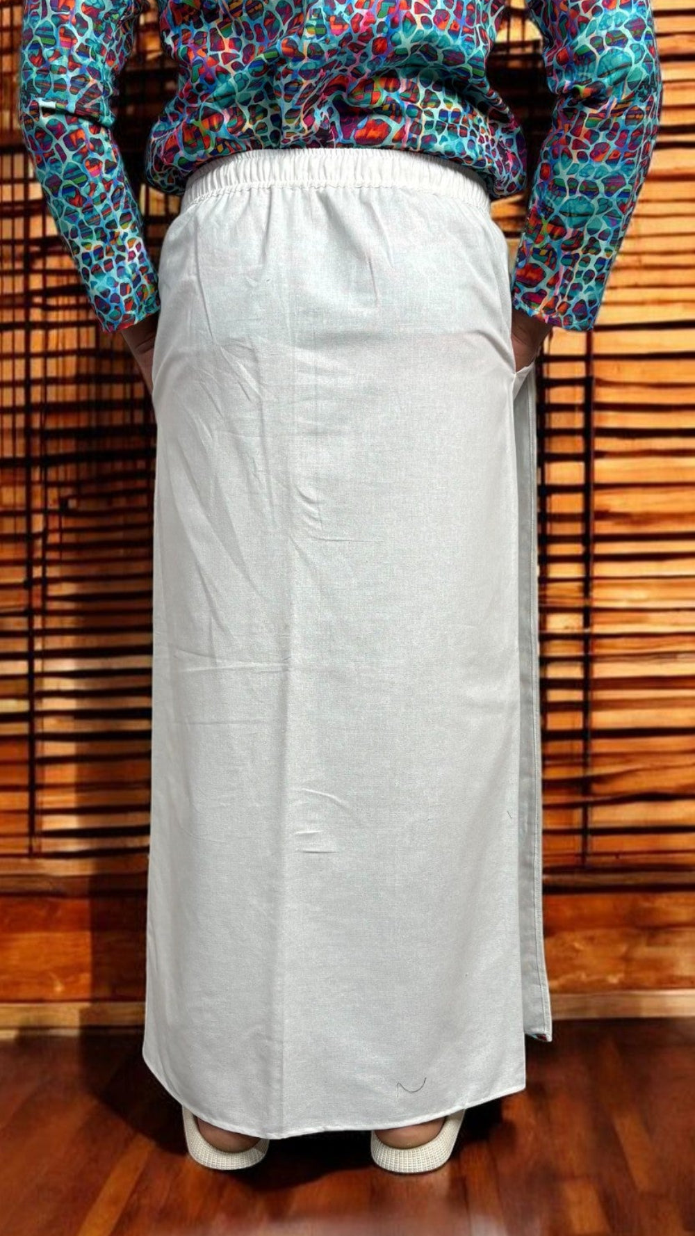 Men's White South Indian Pajamalungi with Mosaic Stripe Detail