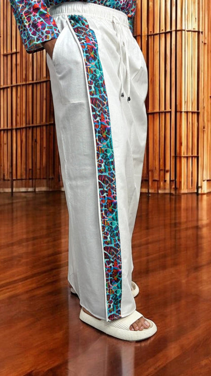 Men's White South Indian Pajamalungi with Mosaic Stripe Detail