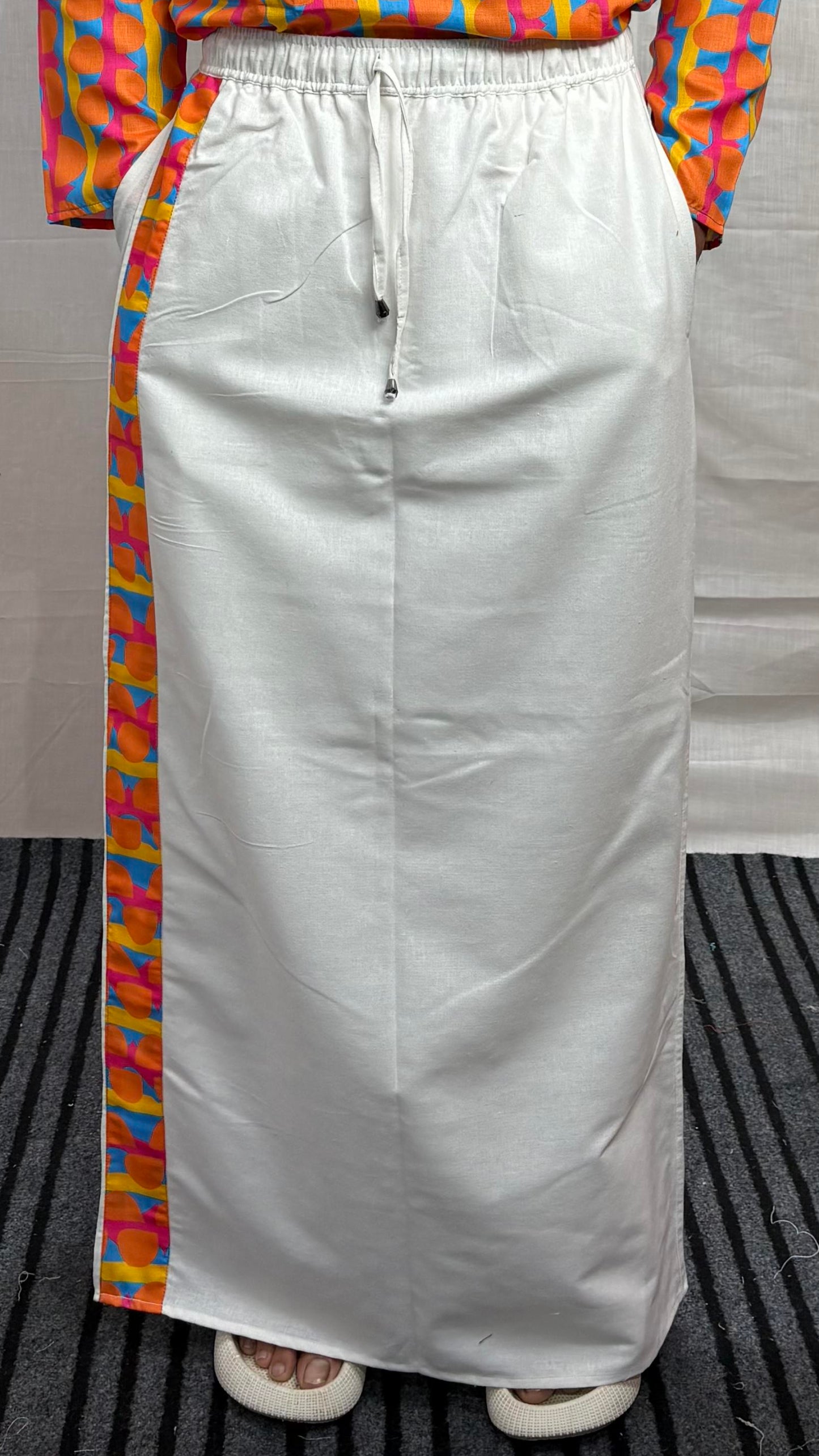 White Cotton Contrast Stripe Pajamalungi