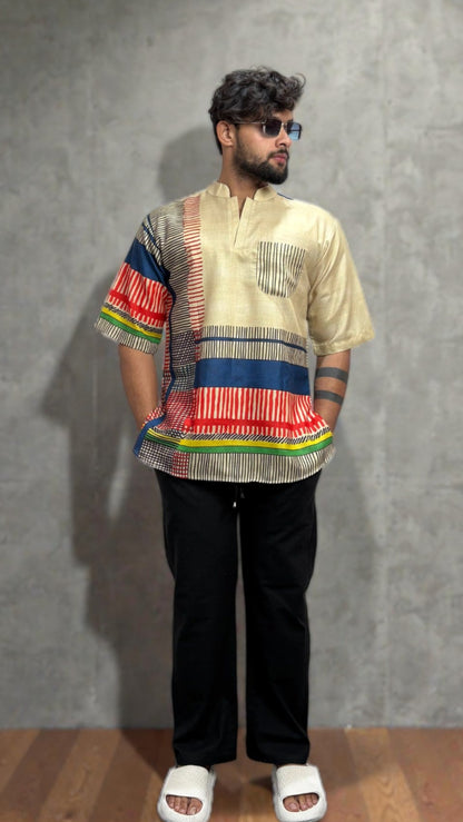 Men's Abstract Stripe Fusion Kurta
