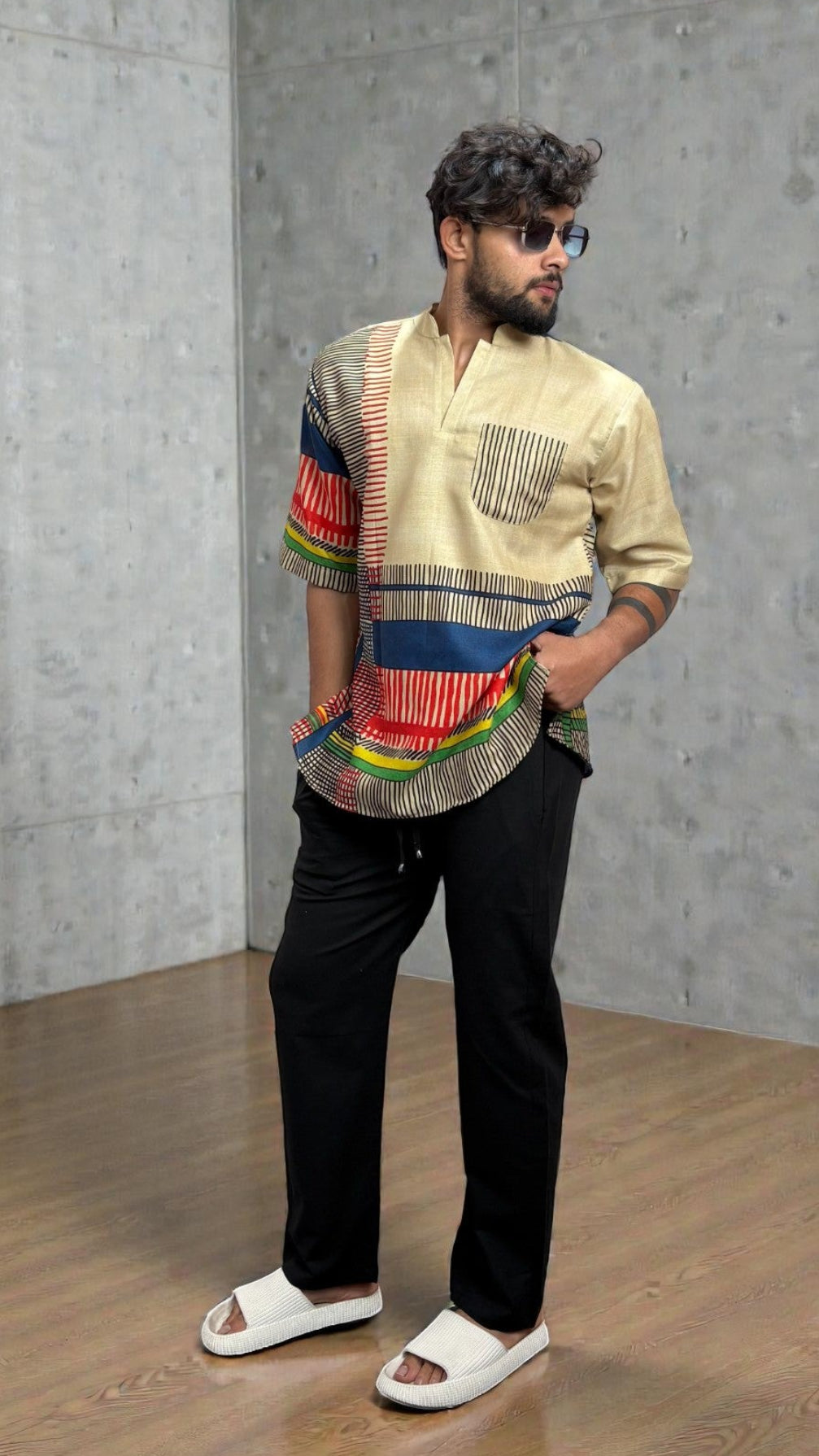 Men's Abstract Stripe Fusion Kurta