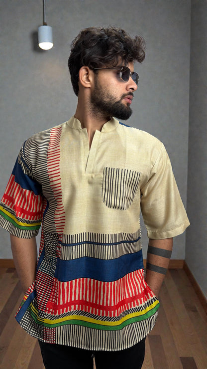 Men's Abstract Stripe Fusion Kurta