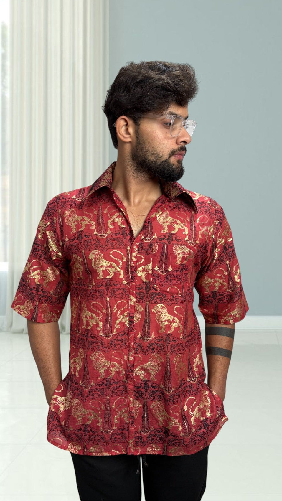 Mens Royal Foil  Lion Print Kurta