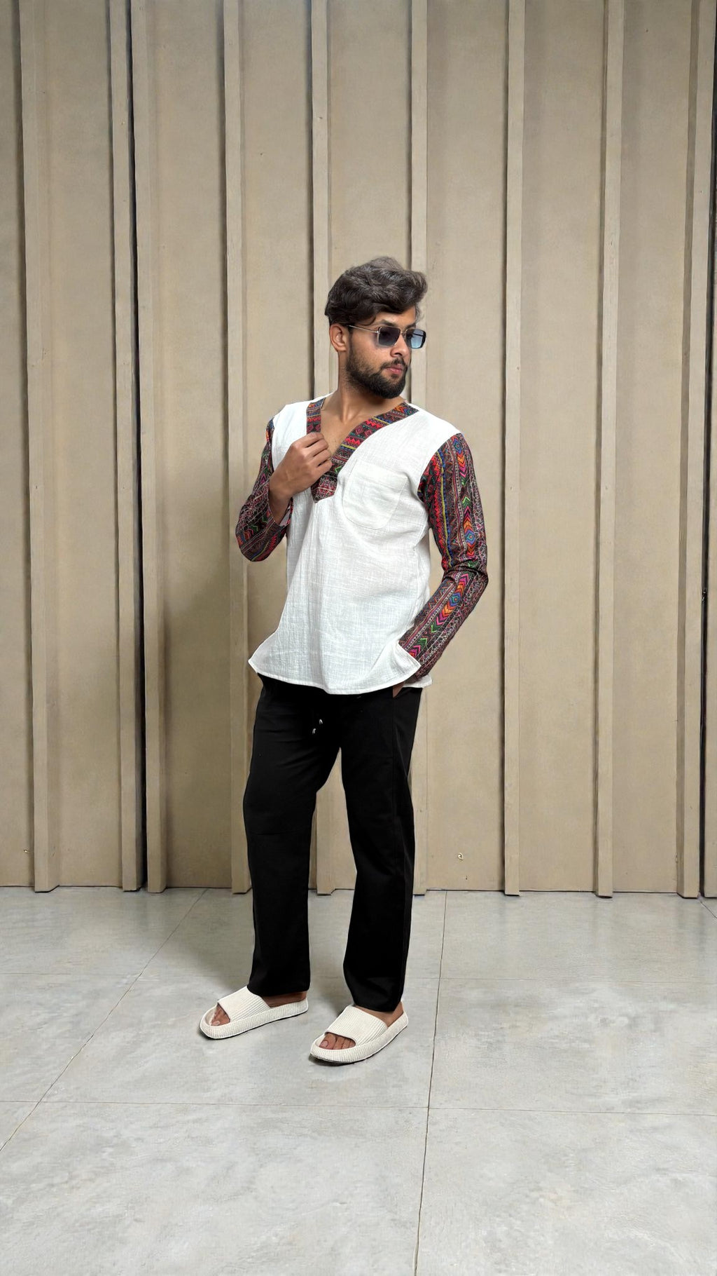 Men's White Ethnic Fusion Kurta