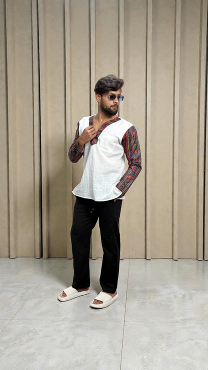 Men's White Ethnic Fusion Kurta