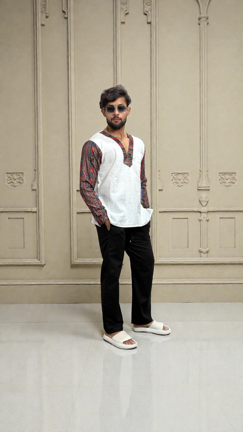 Men's White Ethnic Fusion Kurta