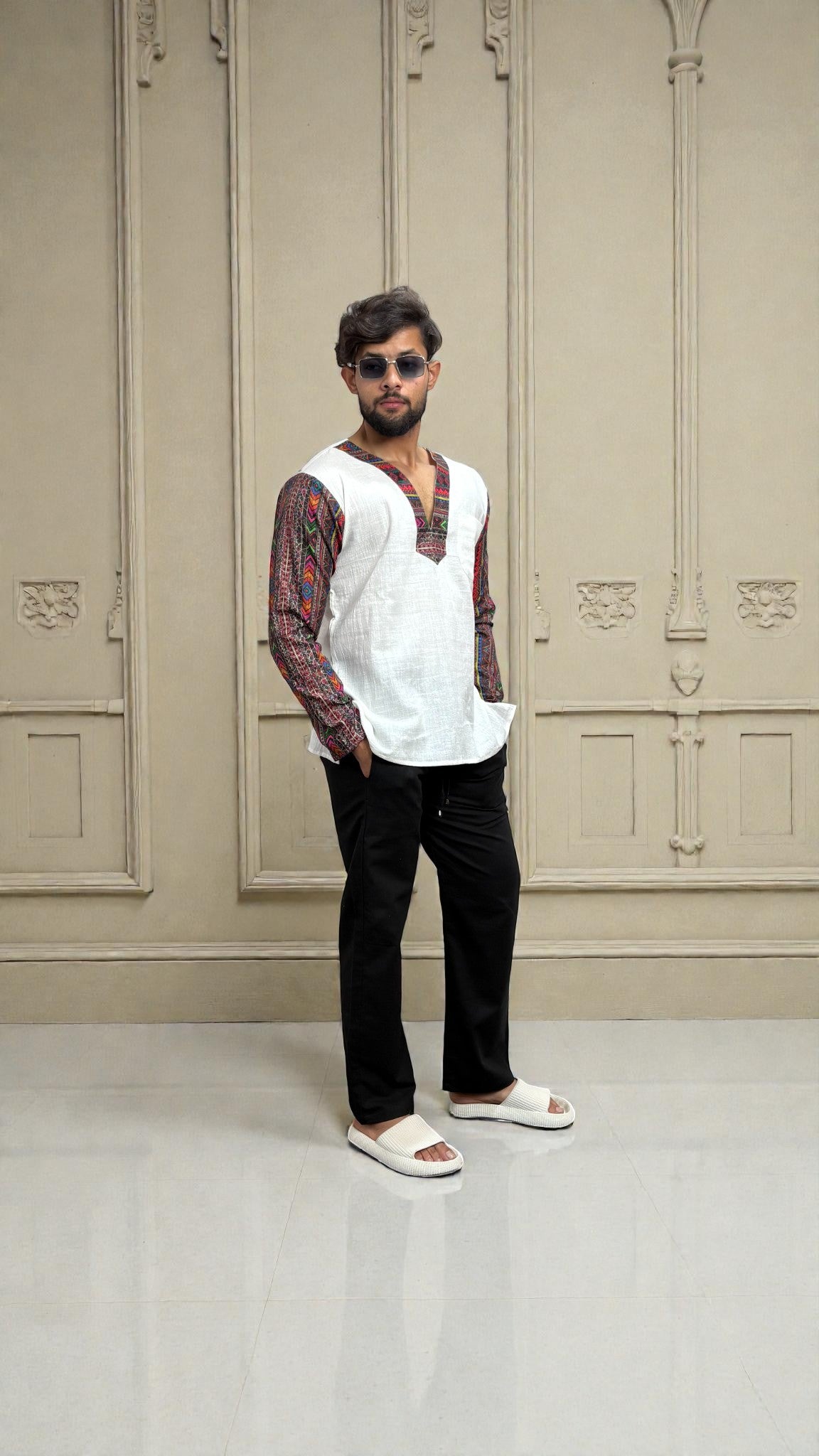 Men's White Ethnic Fusion Kurta