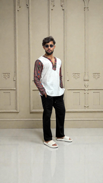 Men's White Ethnic Fusion Kurta