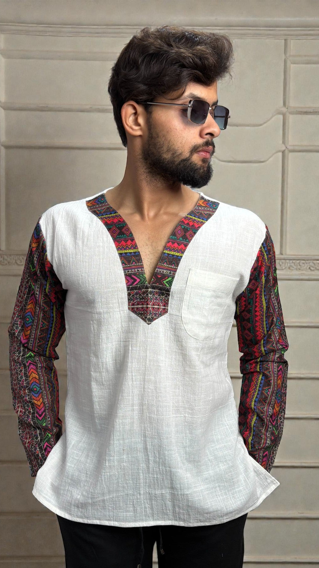 Men's White Ethnic Fusion Kurta
