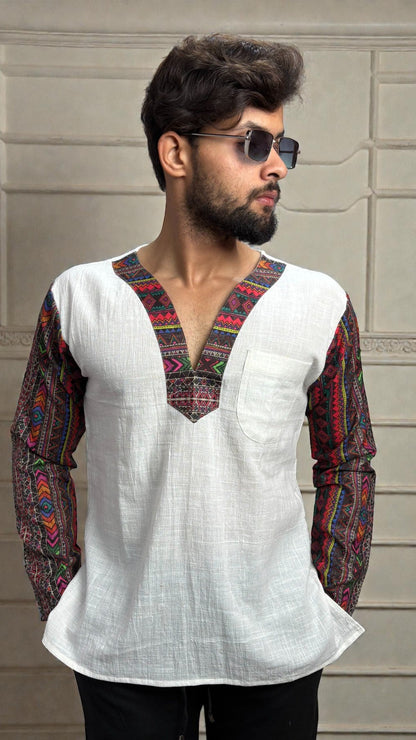 Men's White Ethnic Fusion Kurta