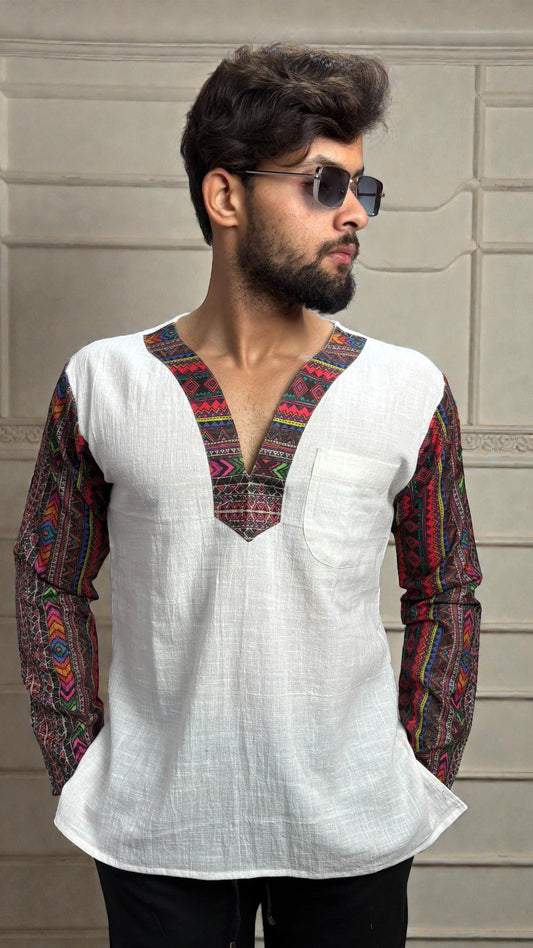 Men's White Ethnic Fusion Kurta