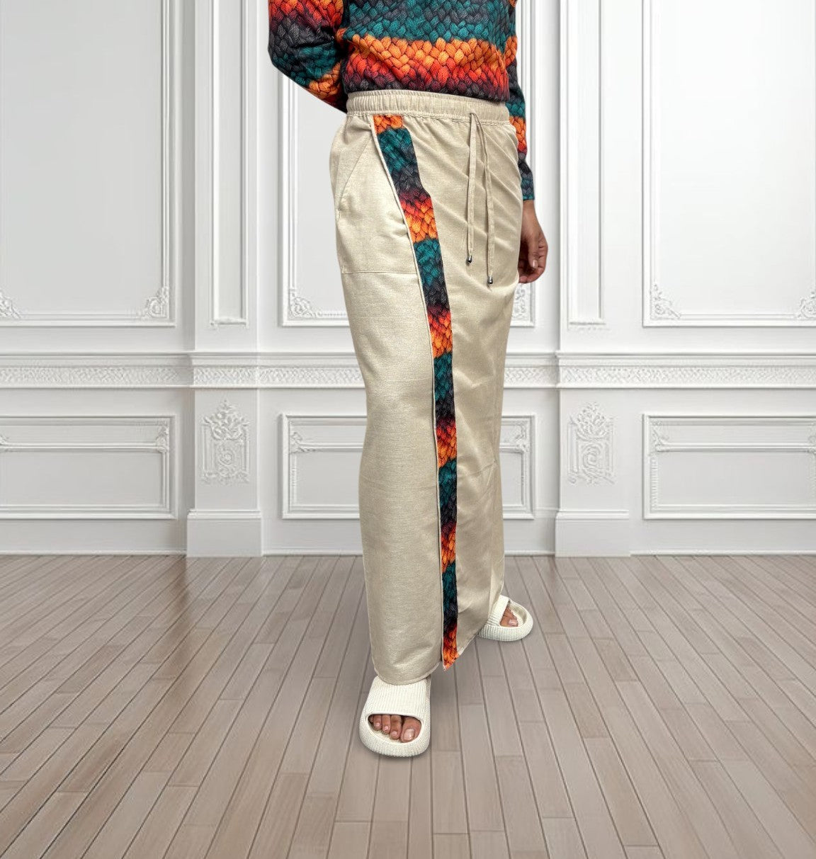 Men's Beige Color With Multicolor Textured Print Stripe Pajamalungi