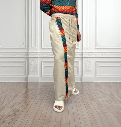 Men's Beige Color With Multicolor Textured Print Stripe Pajamalungi