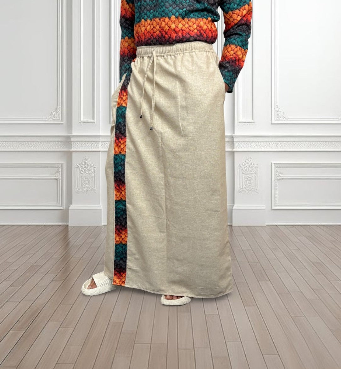 Men's Beige Color With Multicolor Textured Print Stripe Pajamalungi