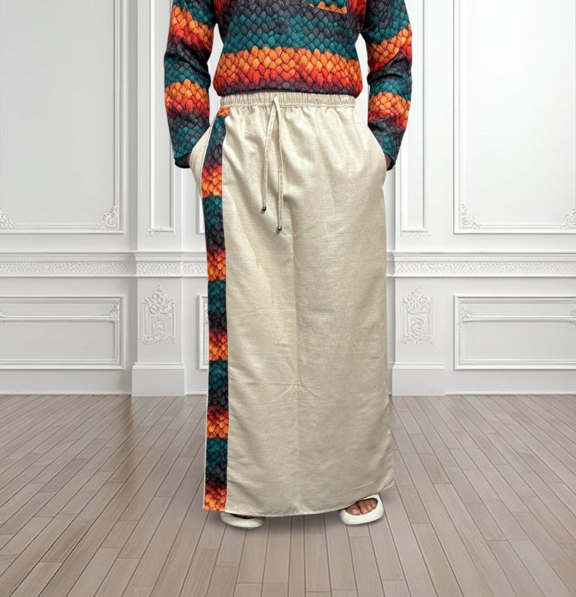 Men's Beige Color With Multicolor Textured Print Stripe Pajamalungi