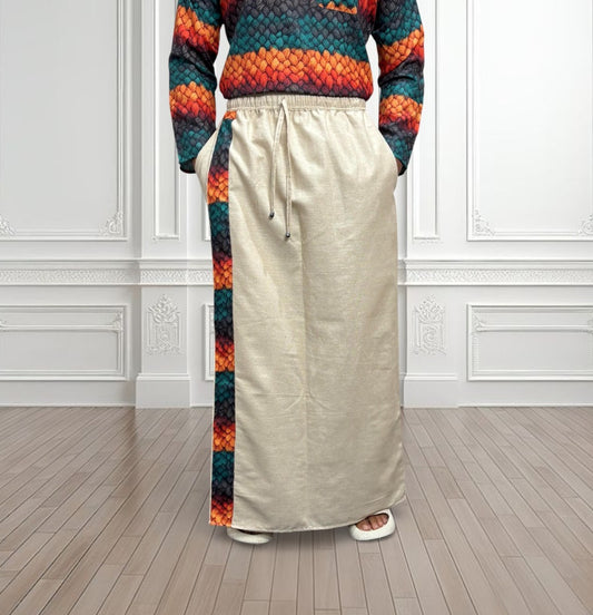 Men's Beige Color With Multicolor Textured Print Stripe Pajamalungi