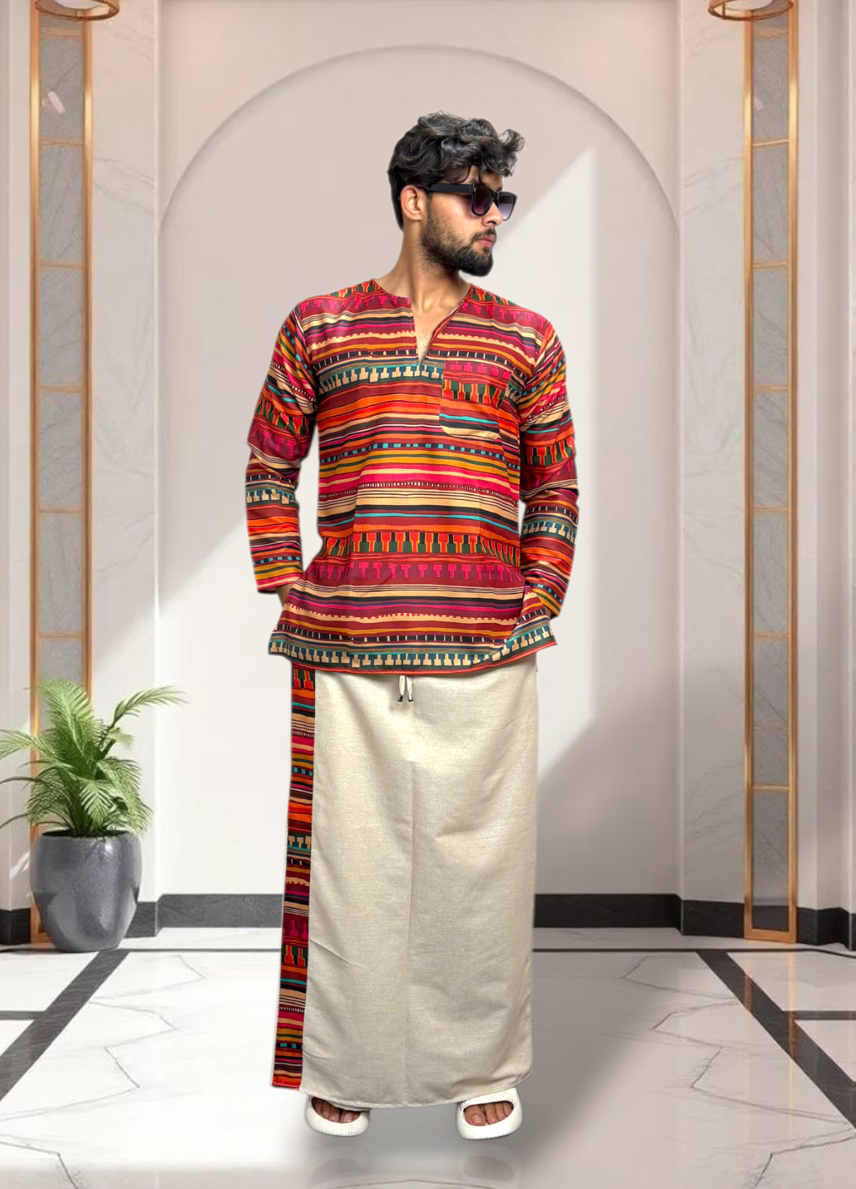 Men Beige Color With Premium Border Pajamalungi