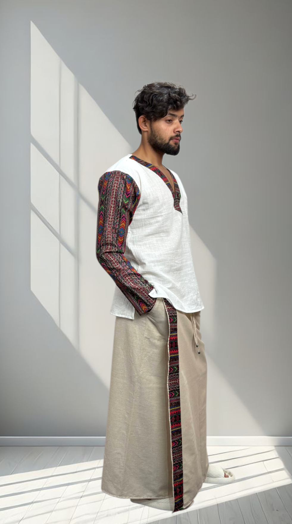 Men Beige Color With Refined Border Pajamalungi