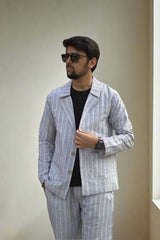 Black Stripe Cotton Blazer And Pajama Set
