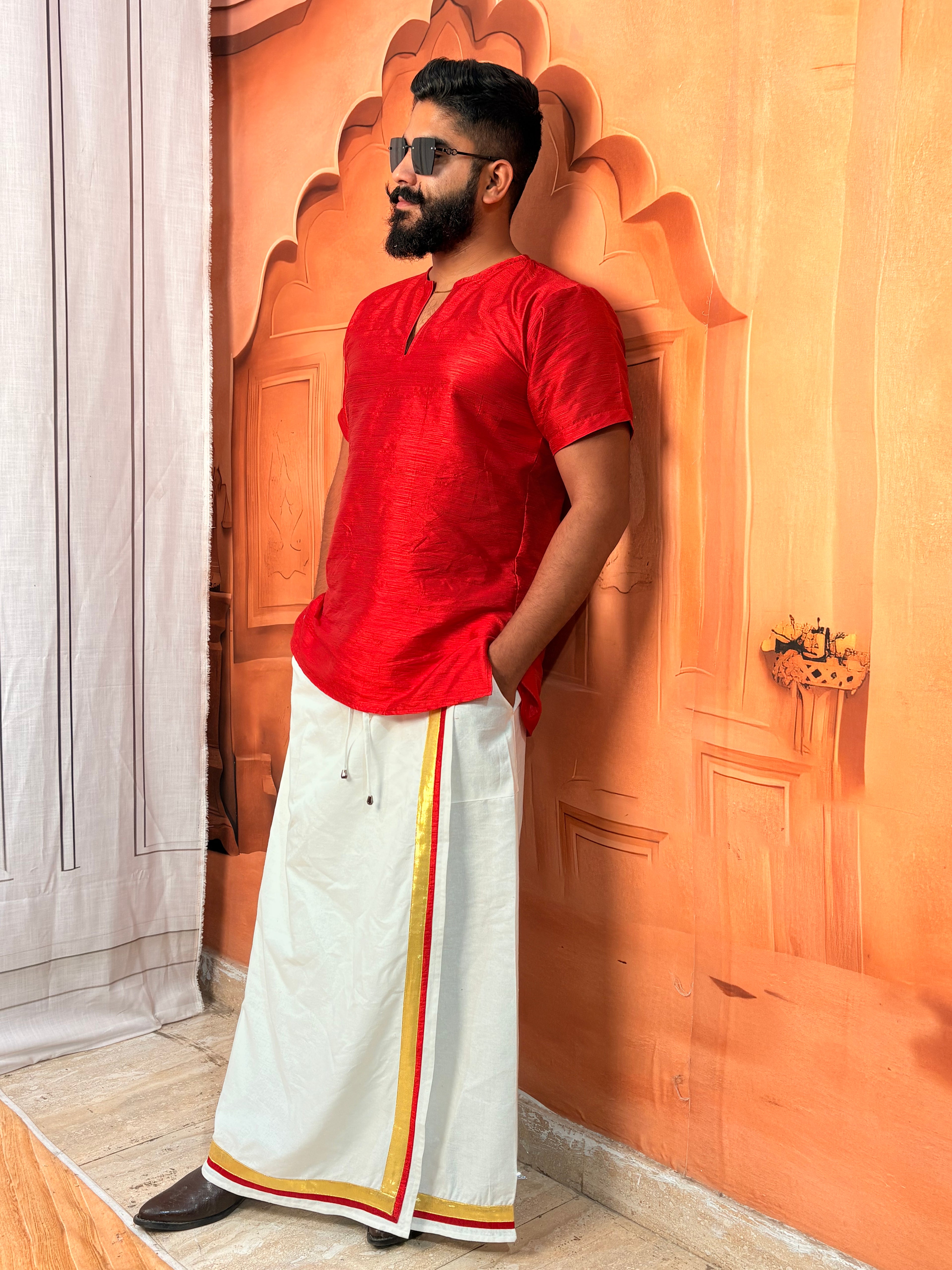 Men White Color With Golden Zari & Red Stripe Pajamalungi