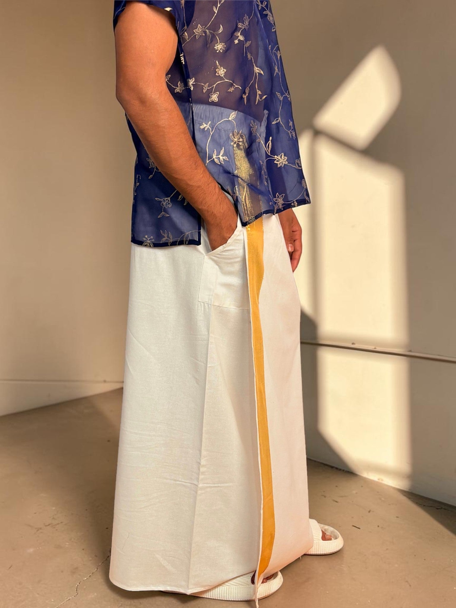 Men White Color With  Golden Zari Stripe Pajamalungi