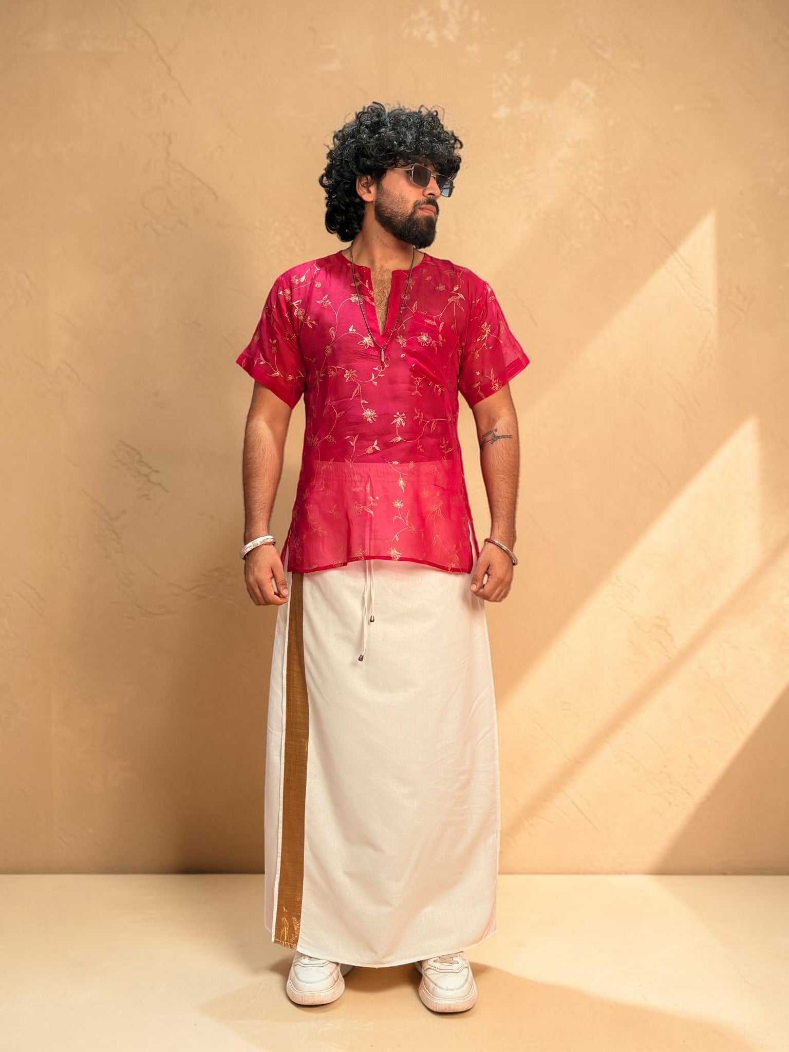 Men White Color With Copper Zari Stripe Pajamalungi
