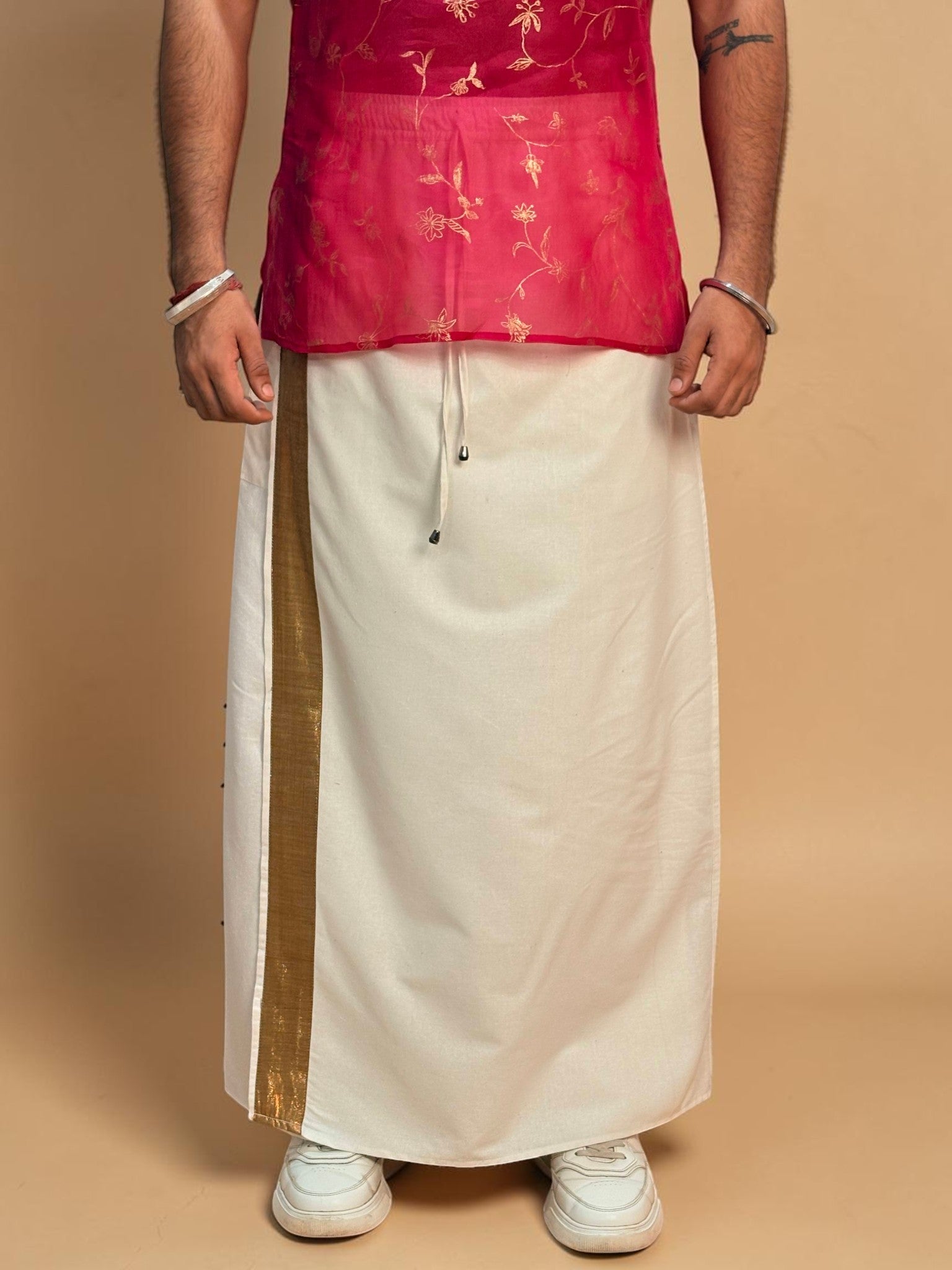 Men White Color With Copper Zari Stripe Pajamalungi