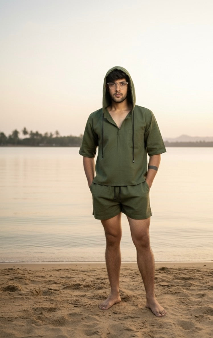 Olive Green Half Sleeve Beach Hoodie for Men – Limited Edition