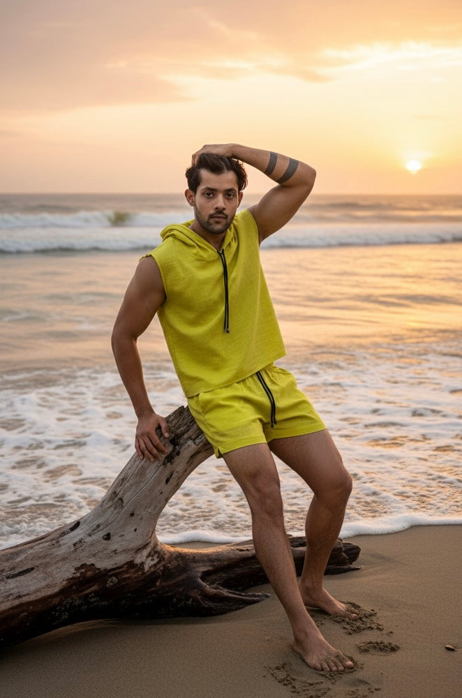 Cotton Sleeveless hooded Cord Beach Set for Men