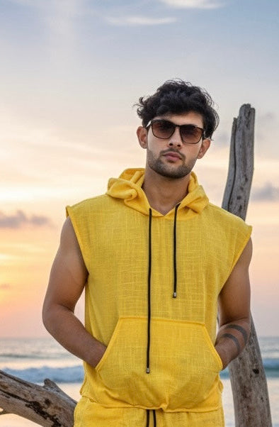 Yellow Sleeveless Beach Hoodie for Men – Limited Edition