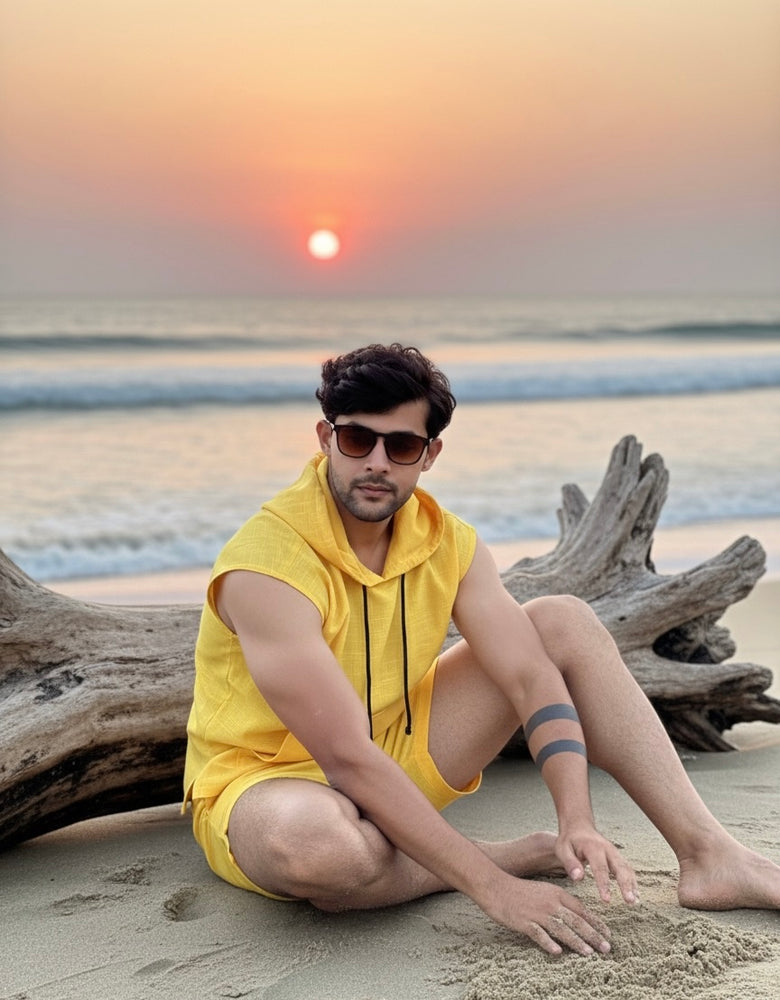 Yellow Sleeveless Beach Hoodie Co-ord Set for Men – Limited Edition