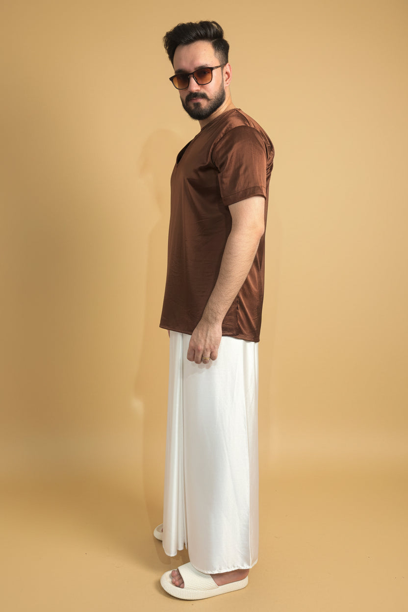 Men White Color Pleated Satin Silk Pajamalungi