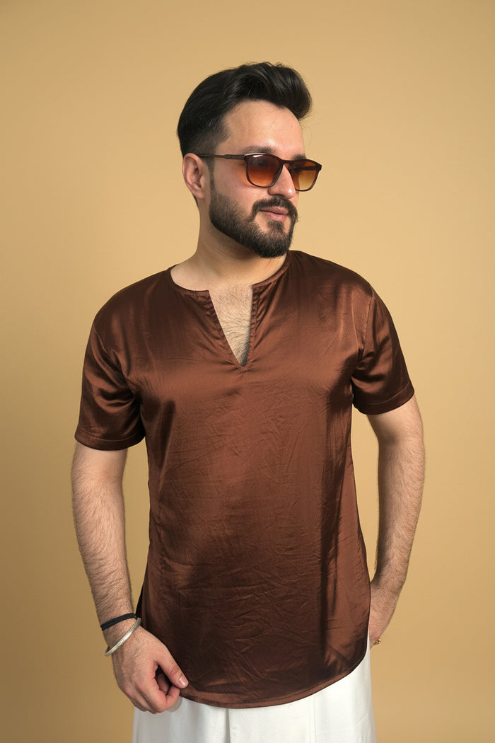 Men Brown Colour Satin Silk Kurta