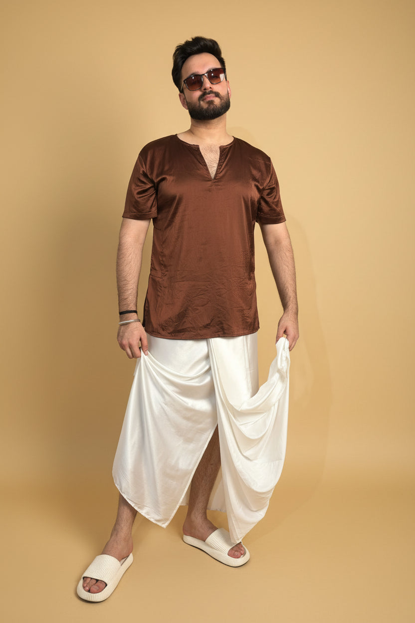 Men White Color Pleated Satin Silk Pajamalungi