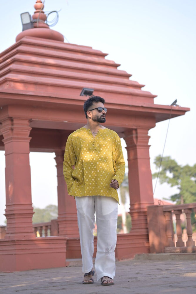 Yellow Viscose chinon jacquard Kurta & White Pajama Set