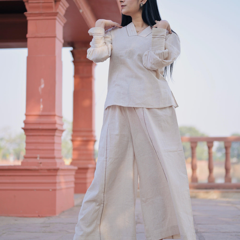 Beige V-Neck Gathered Cuff Top & Wide-Leg Pajama