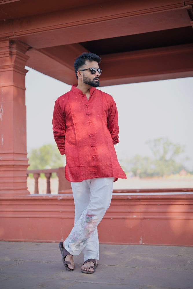 Red viscose chanderi jacquard Kurta & White Printed Pajama Set