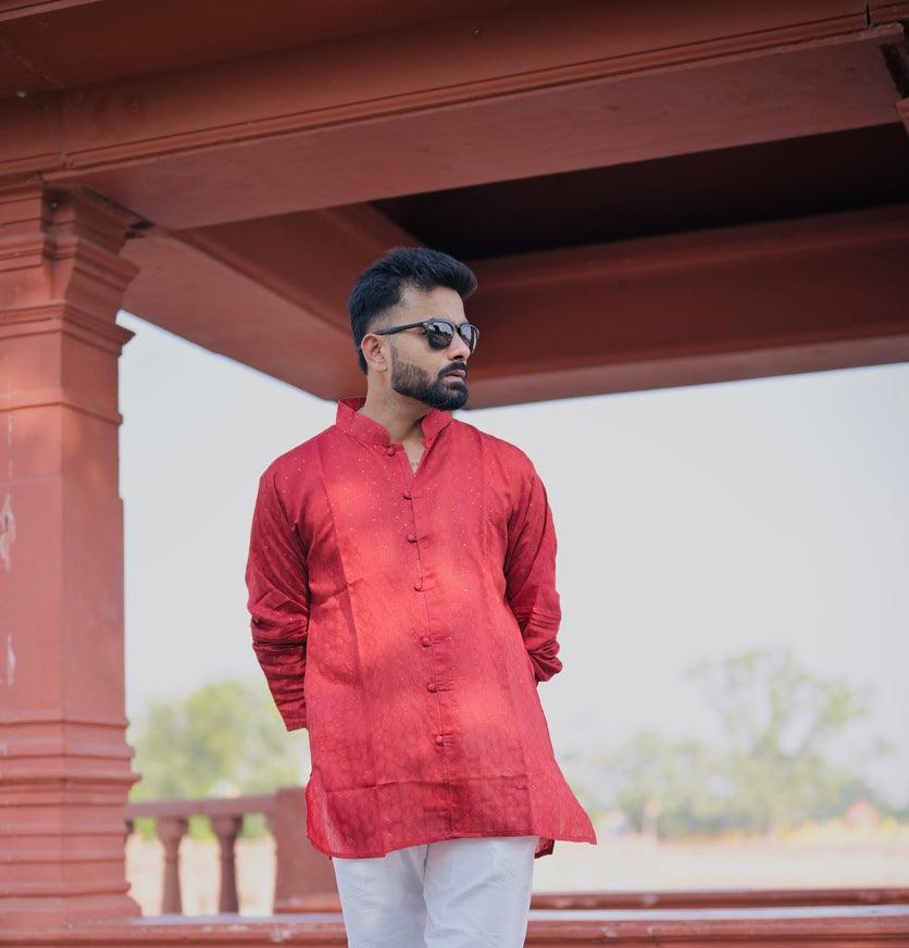 
                      
                        Red viscose chanderi jacquard Kurta
                      
                    