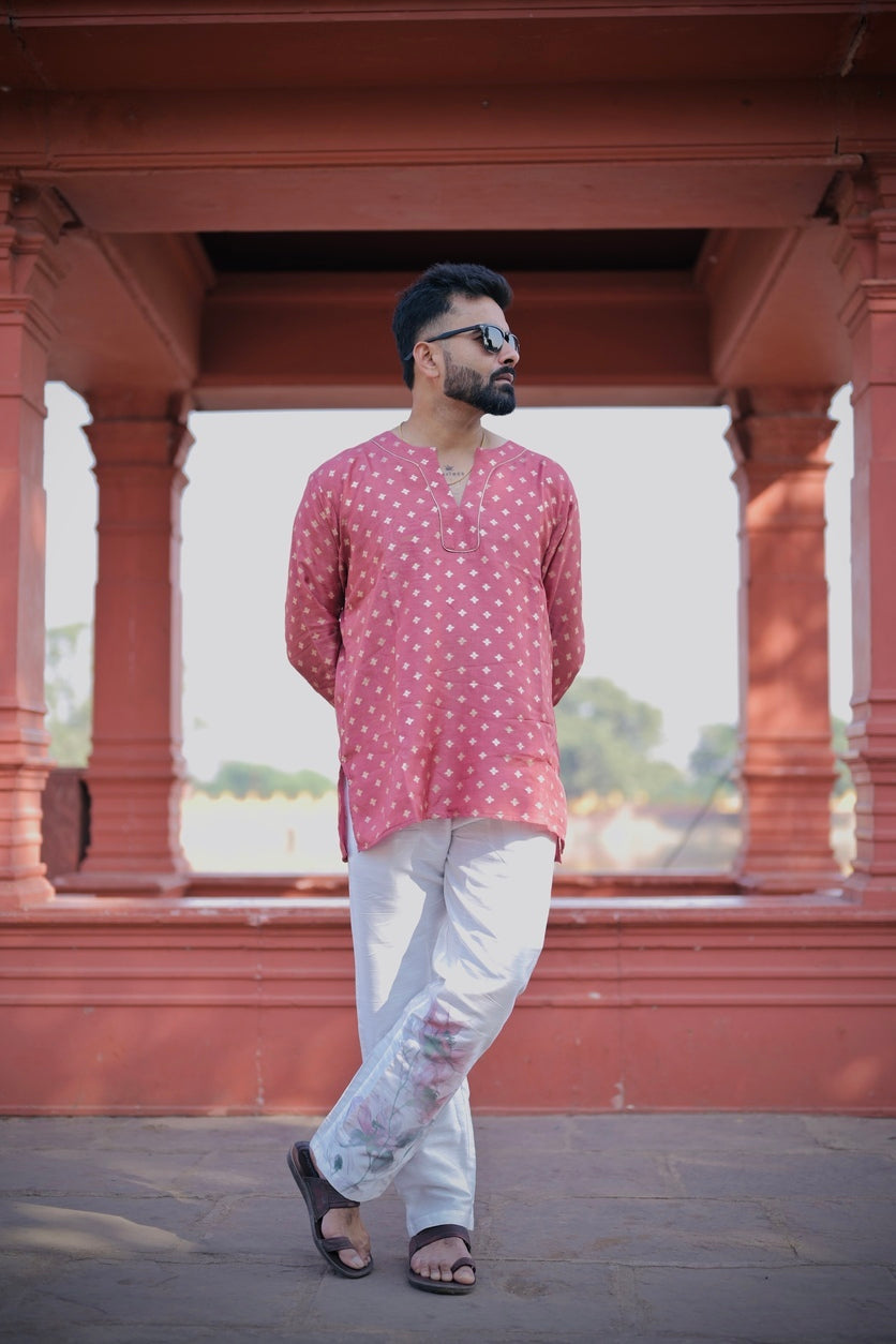 Pink Viscose Russian jacquard Kurta & White Printed Pajama Set