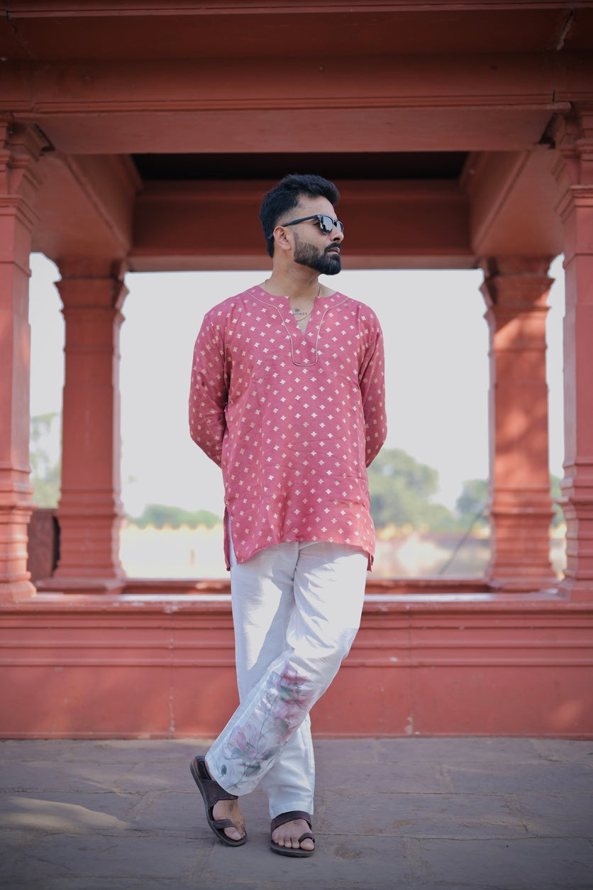 Pink Viscose Russian jacquard Kurta