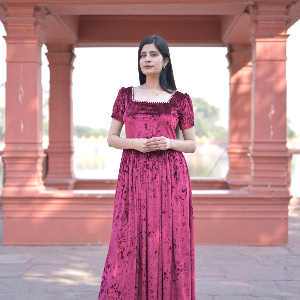 Crimson Square-Neck Velvet Dress with Puff Sleeves.