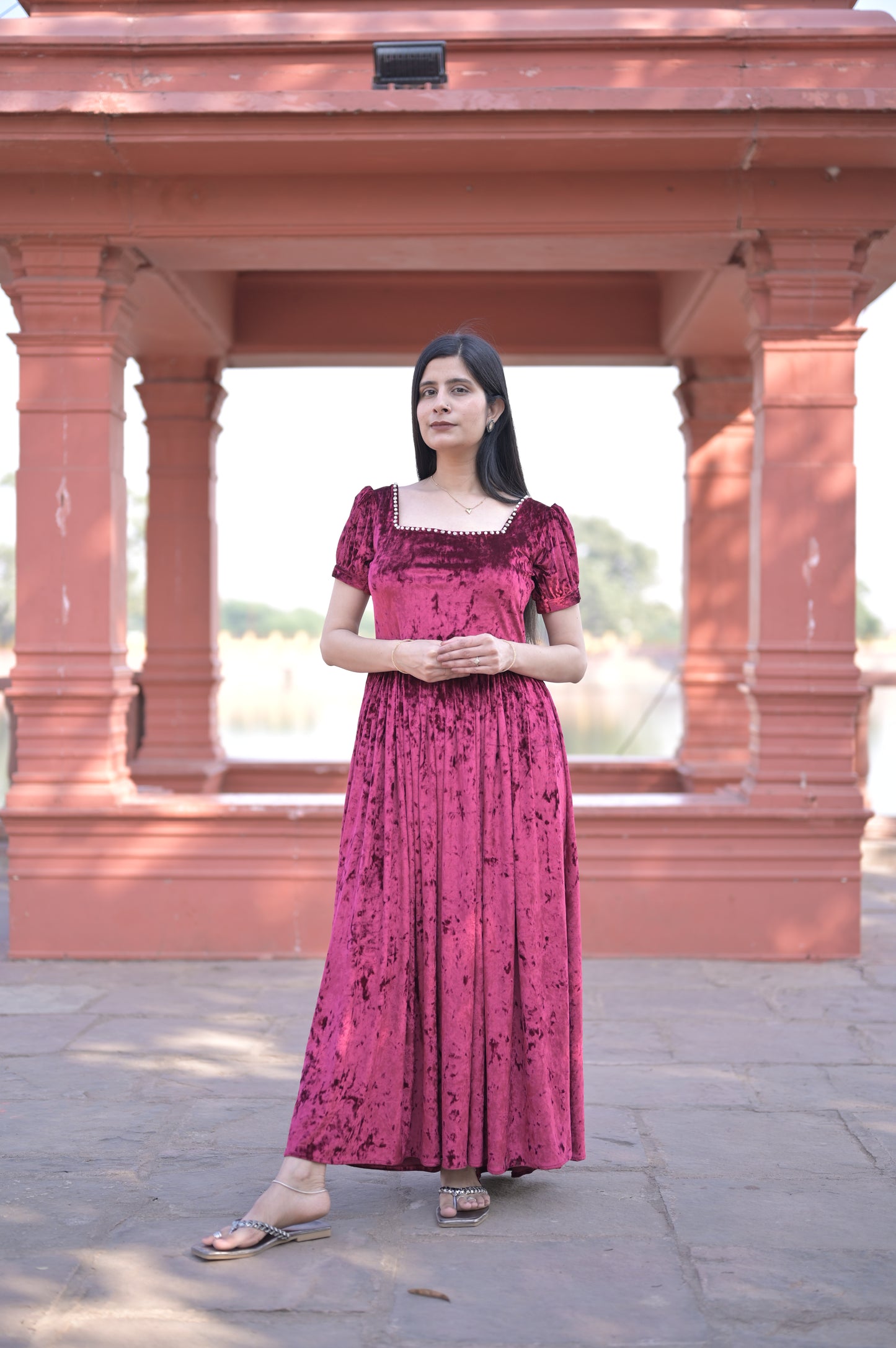 Crimson Square-Neck Velvet Dress with Puff Sleeves.